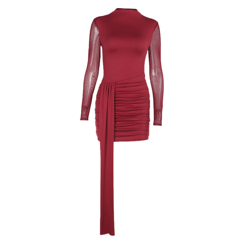 Damen elegantes, figurbetontes Minikleid mit langem Arm und asymmetrischem Saum EB