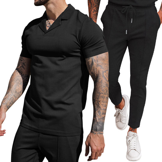 Herren modernes Freizeit-Set mit poloähnlichem Oberteil und schmal geschnittenen Hosen EB