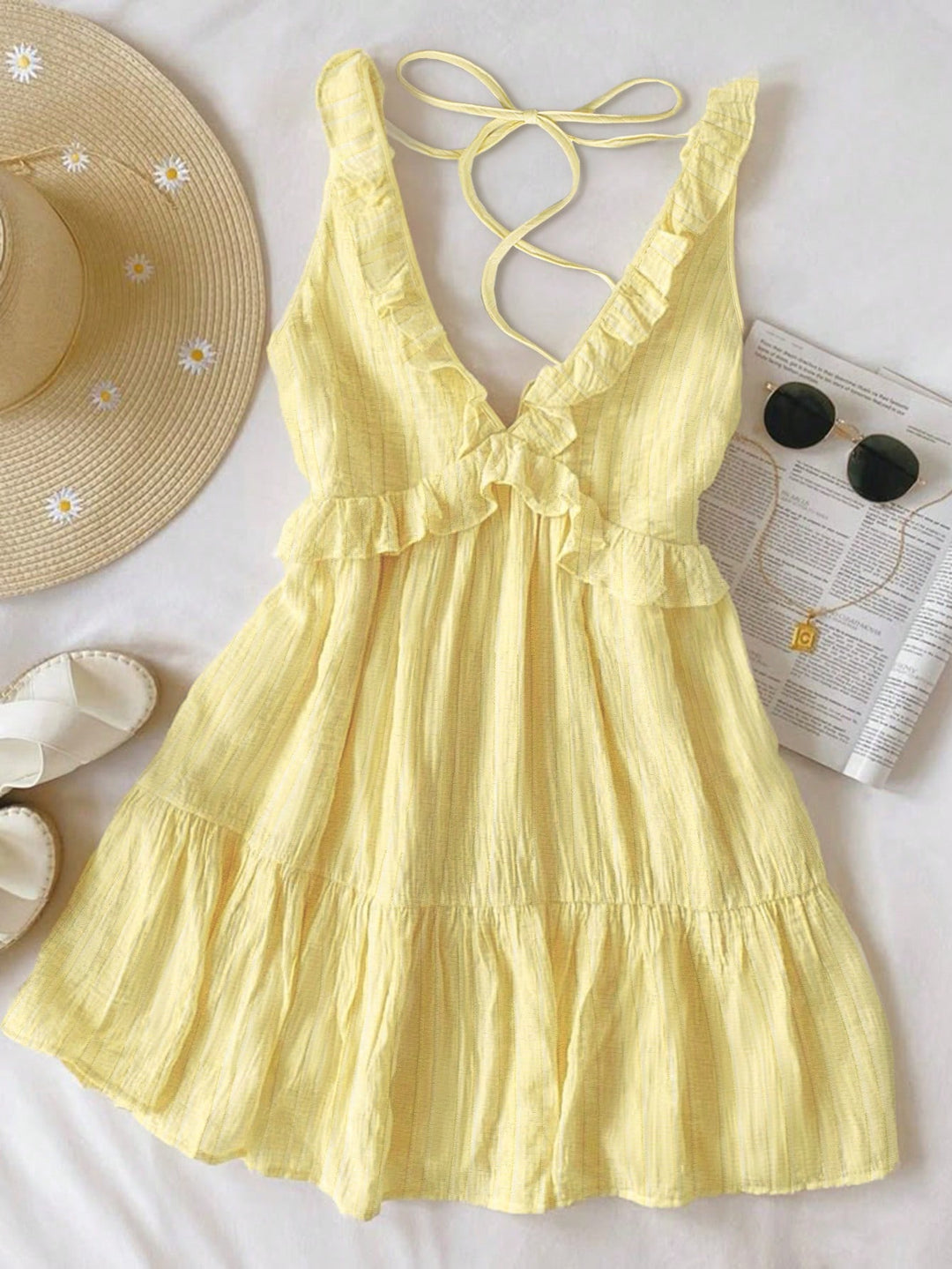 Damen luftiges Sommerkleid mit Volantdetails und verstellbarem Rückenschnürung EB