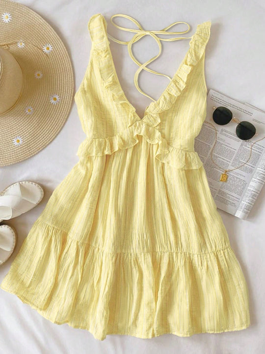 Damen luftiges Sommerkleid mit Volantdetails und verstellbarem Rückenschnürung EB