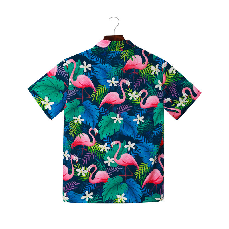 Herren Kurzarmhemd mit lebendigem Flamingo-Muster und atmungsaktiver Baumwolle EB