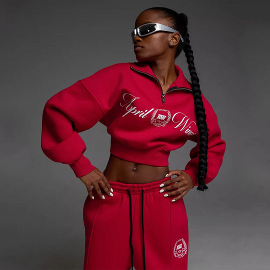 Damen Cropped Halbzip-Sweatshirt mit weitem High‑Waist Loungehose Set EB