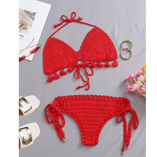 Damen Häkel-Bikini-Set mit fransigen Akzenten und verstellbaren Trägern EB