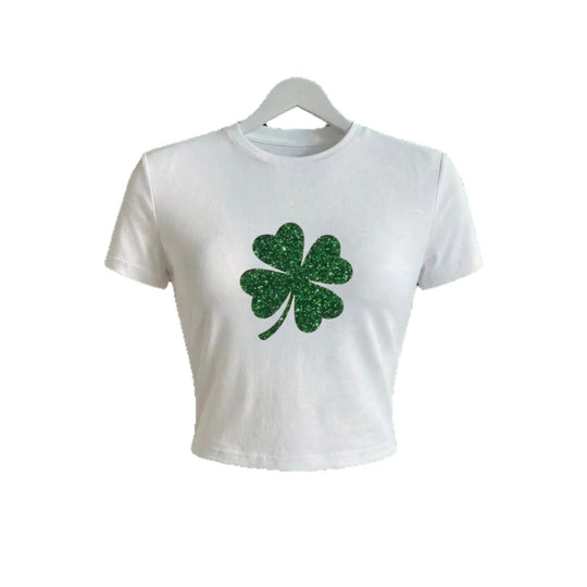 Damen Crop-Top mit Glitzerndem Kleeblatt-Motiv EB