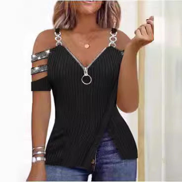 Damen Trendy Off-Shoulder Top mit Reißverschluss und Designer-Riemen EB