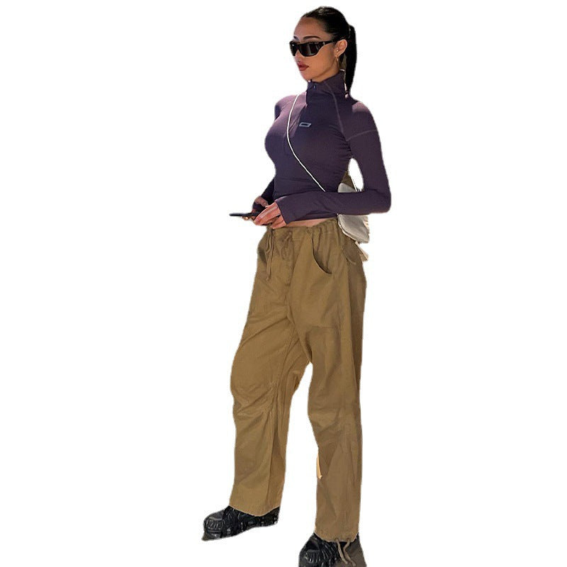 Damen nan figurbetontes Langarm-Zip-Top mit tiefem V-Ausschnitt und elastischem Funktionsstretch EB
