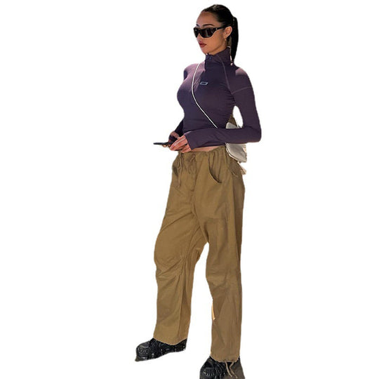 Damen nan figurbetontes Langarm-Zip-Top mit tiefem V-Ausschnitt und elastischem Funktionsstretch EB