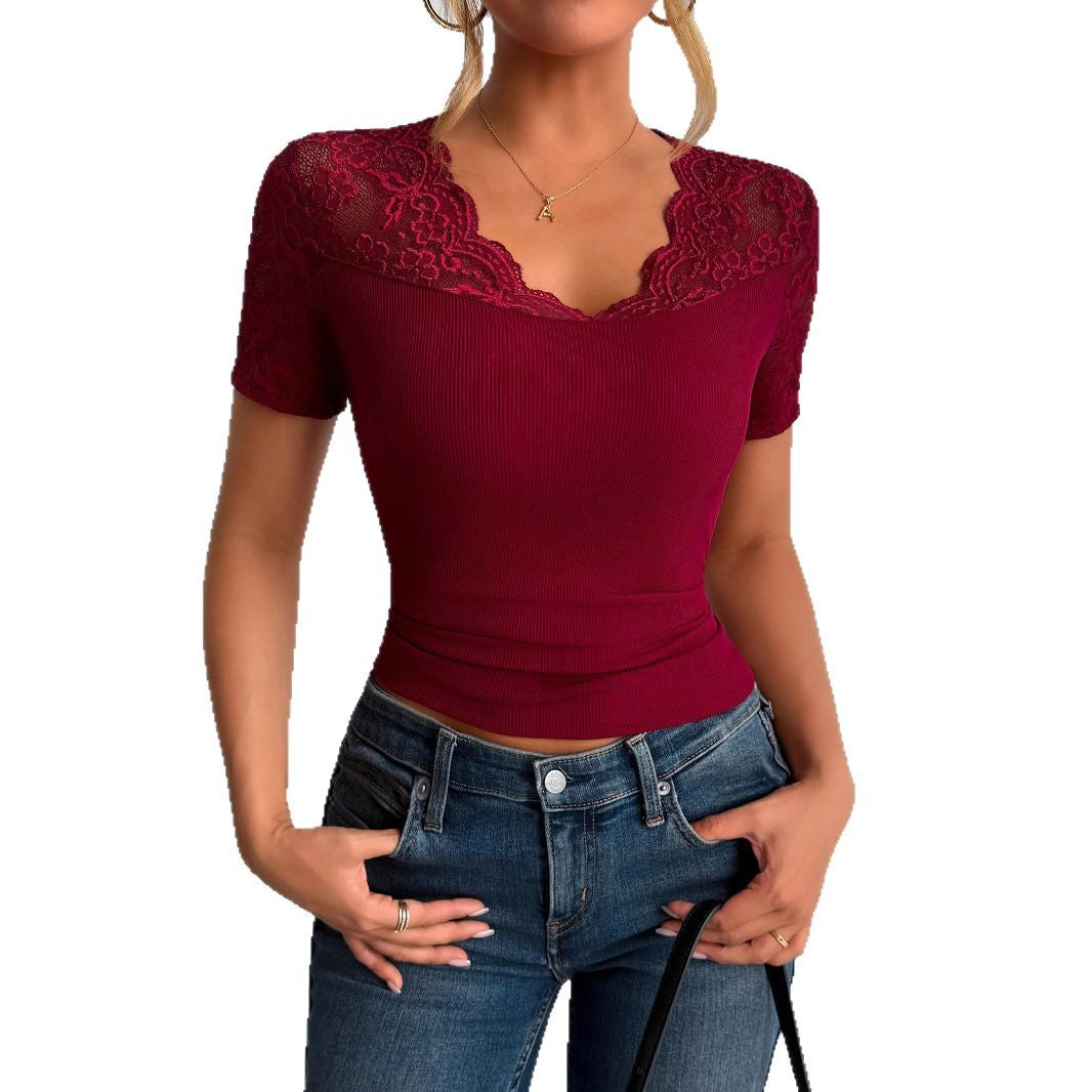 Damen nan figurbetontes Kurzarm-Top mit Spitzenbesatz und V-Ausschnitt EB