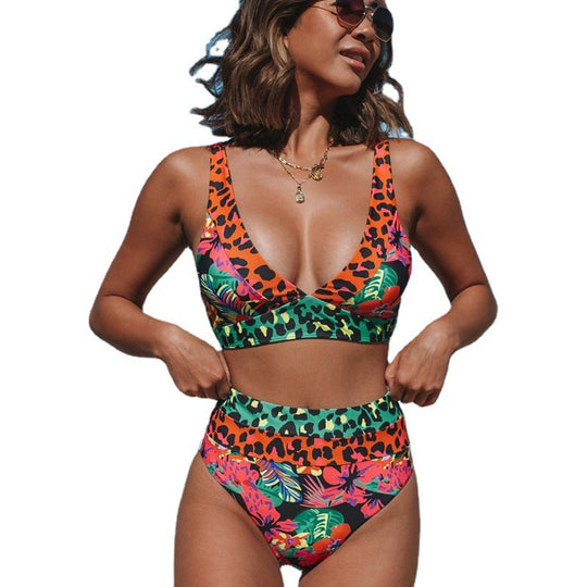 Damen Hochtailliertes Bikini-Set mit modischem Leoparden- und Blumenmuster EB