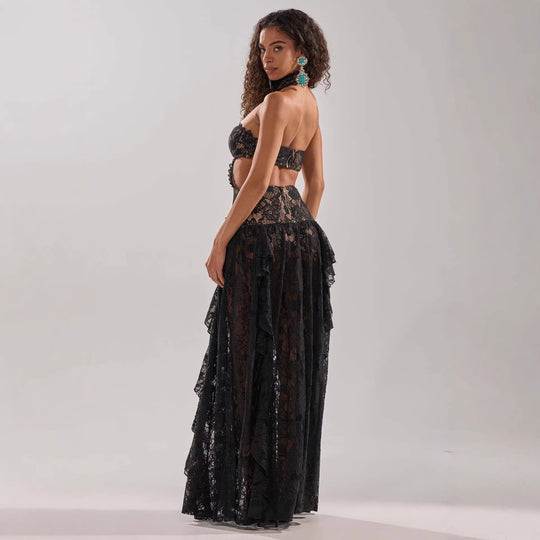 Damen elegante Spitzentraumkleid mit hochgeschlossenem Kragen und fließendem Rock EB
