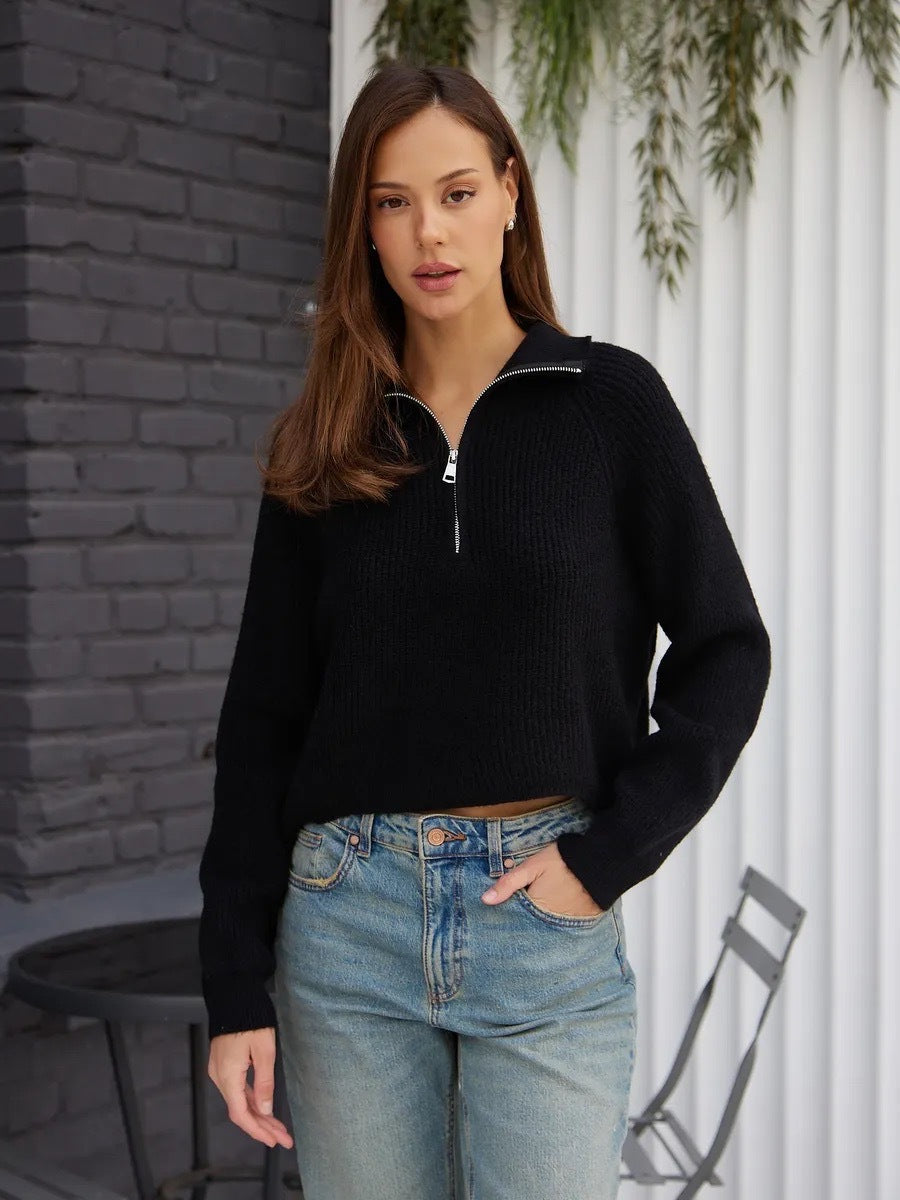Damen Cozy Pullover mit Kragen und Reißverschluss EB