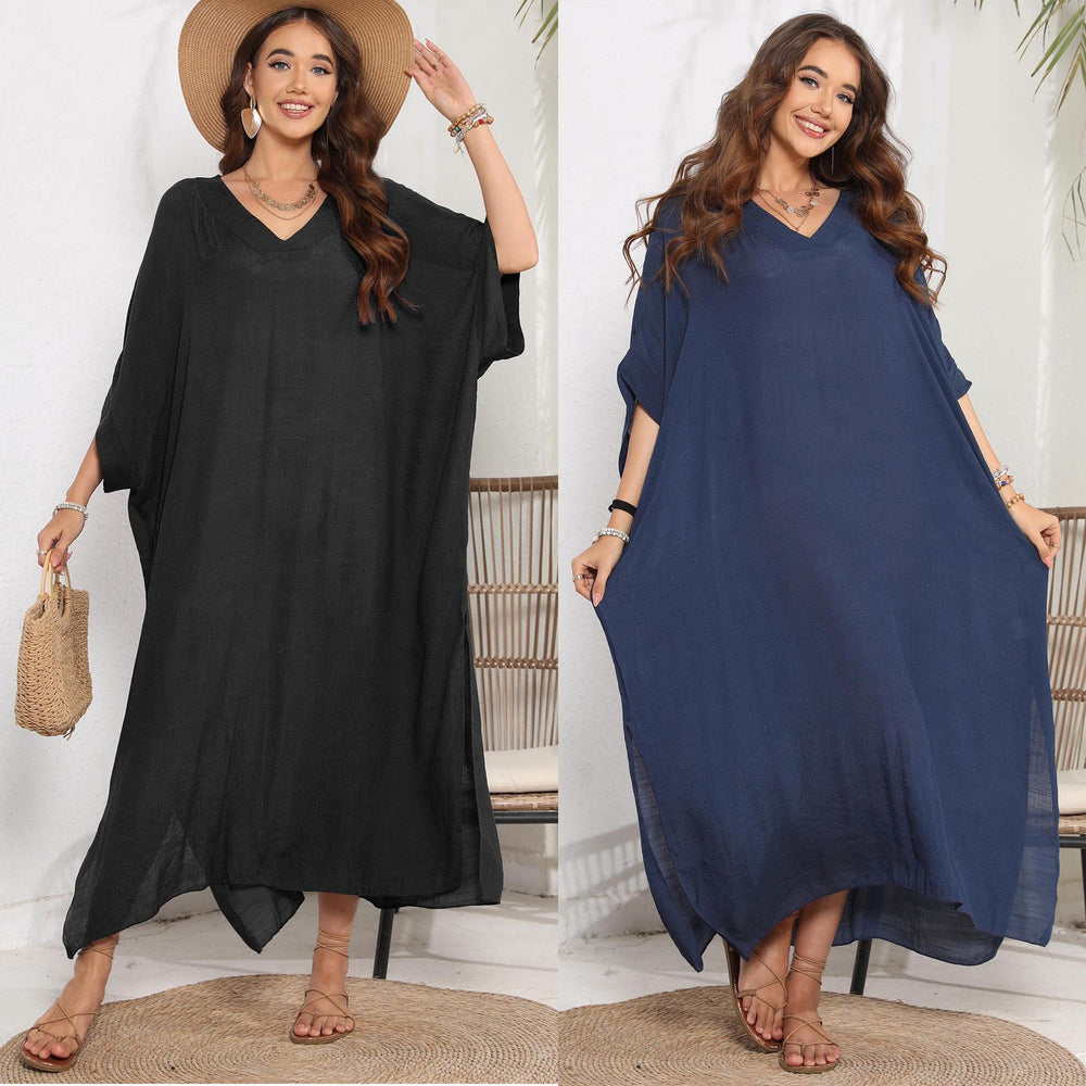 Damen luftiges Sommer-Kleid mit V-Ausschnitt und asymmetrischem Saum EB