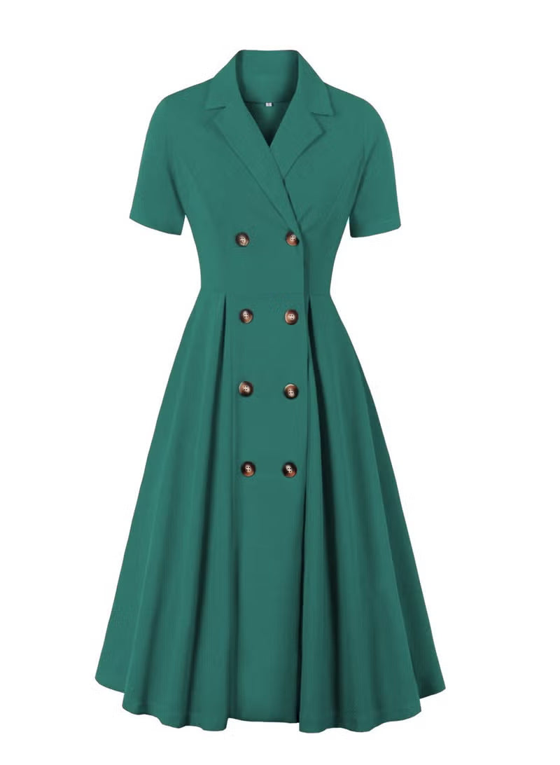 Damen elegantes Midikleid mit doppelter Knopfleiste und schwingendem Rock EB