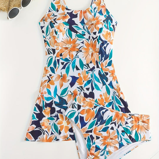 Damen Badeanzug Set mit floralem Design und leichtem Rock EB