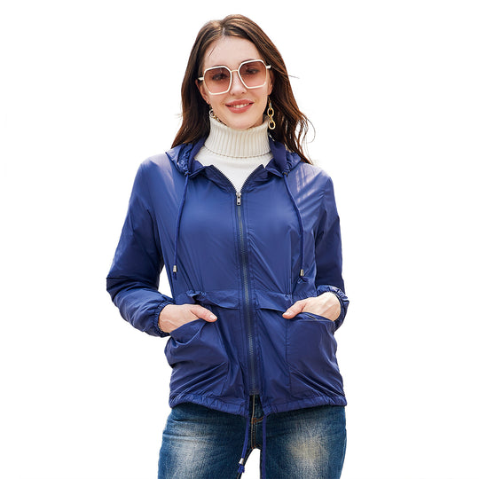 Damen sportliche Windbreaker-Jacke mit verstellbarer Kapuze und elastischen Bündchen EB