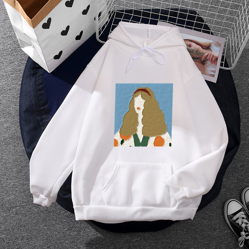 Damen nan Kapuzenpullover mit kunstvoller Chenille-Stickerei im Portraitstil und Kängurutasche EB