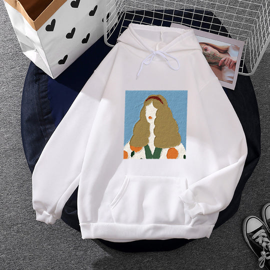 Damen nan Kapuzenpullover mit kunstvoller Chenille-Stickerei im Portraitstil und Kängurutasche EB
