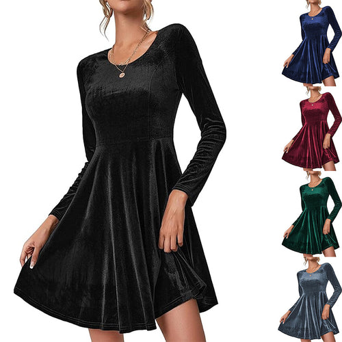 Damen A-Linien Kleid aus samtiger Qualität mit langen Ärmeln und Rundhalsausschnitt EB