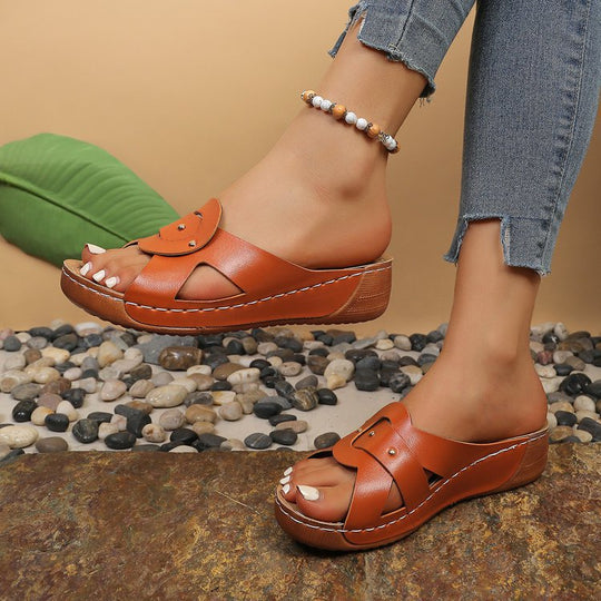 Damen modische Holz-Pantoletten mit elegantem Riemen-Design EB