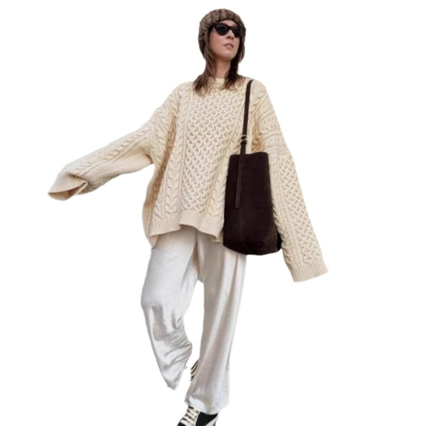 Damen oversize Strickpullover mit Zopfstrickmuster EB