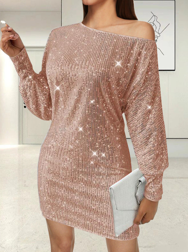 Damen Funkelndes Minikleid mit asymmetrischem Ausschnitt und Ballonärmeln EB
