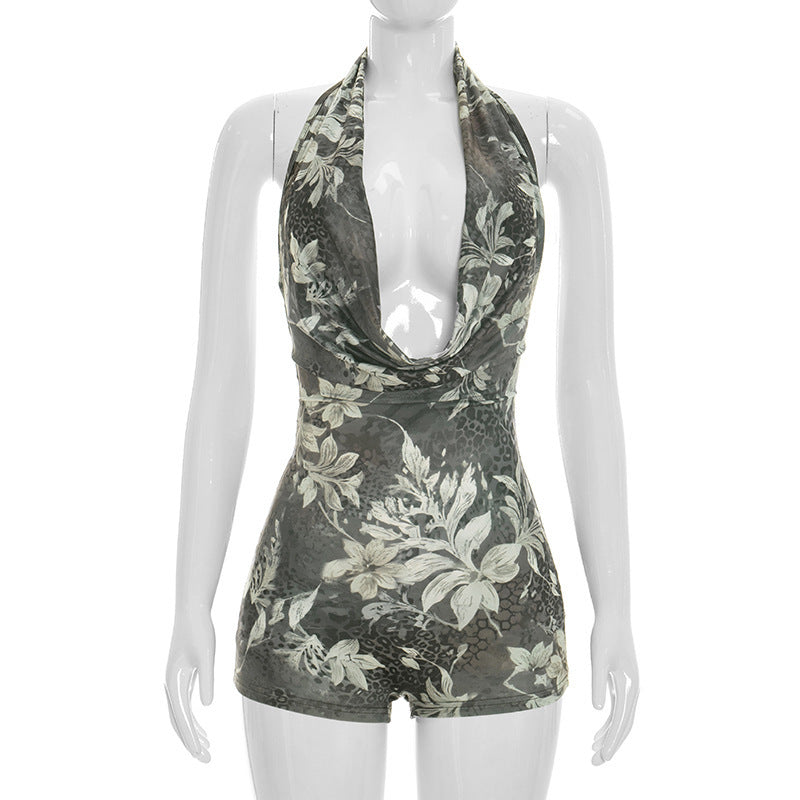Damen Bodycon Playsuit mit tiefem Ausschnitt und Animal Print EB