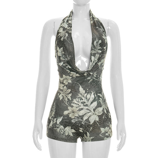 Damen Bodycon Playsuit mit tiefem Ausschnitt und Animal Print EB