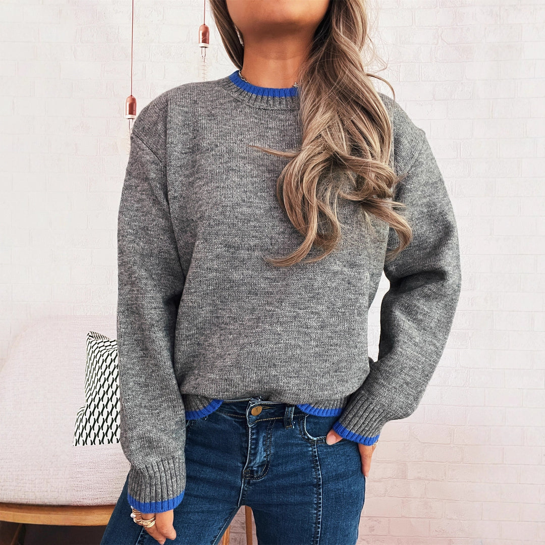 Damen gemütlicher Strickpullover mit kontrastierenden Bündchen und lässigem Schnitt EB