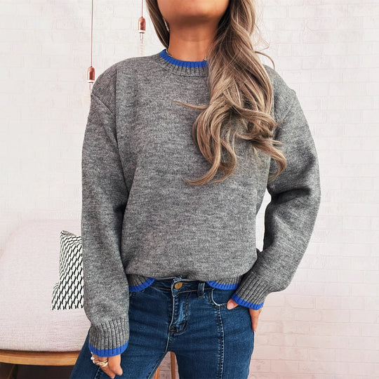 Damen gemütlicher Strickpullover mit kontrastierenden Bündchen und lässigem Schnitt EB