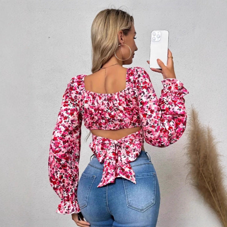 Damen Off-Shoulder Bluse mit Puffärmeln und floralen Mustern EB