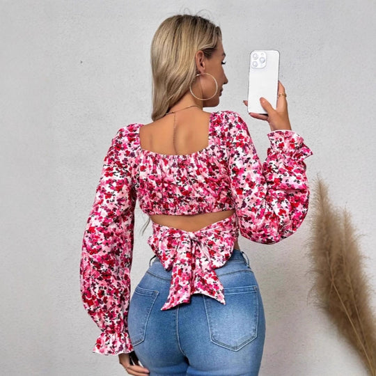 Damen Off-Shoulder Bluse mit Puffärmeln und floralen Mustern EB