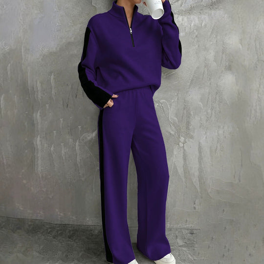 Damen nan lässiges Jogginganzug-Set mit Halbzip, elastischer Bund und seitlichen Kontraststreifen EB
