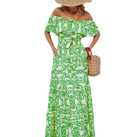 Damen Maxikleid mit schulterfreiem Design, frischem Blätterdruck und elastischer Taillierung EB