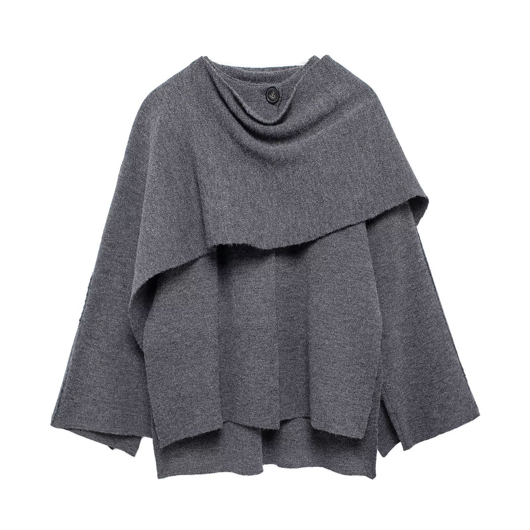 Damen nan zweilagiger Strickponcho mit asymmetrischem Saum und dekorativem Knopfkragen EB