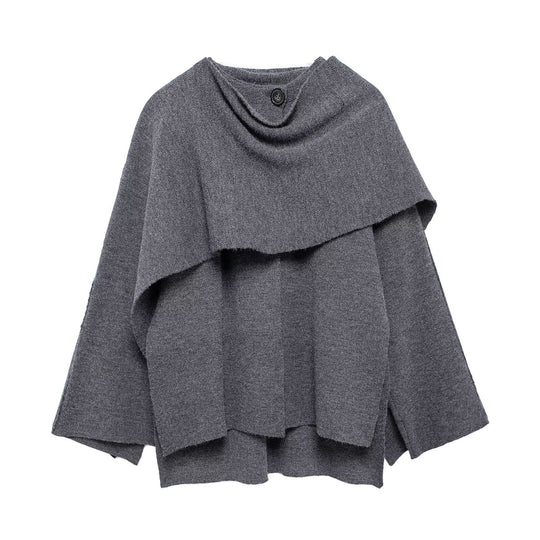 Damen nan zweilagiger Strickponcho mit asymmetrischem Saum und dekorativem Knopfkragen EB