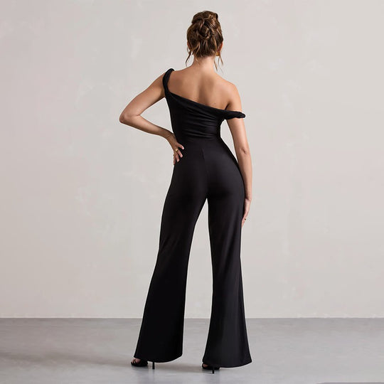 Damen schulterfreier Jumpsuit mit weitem Bein und elastischem Oberteil EB