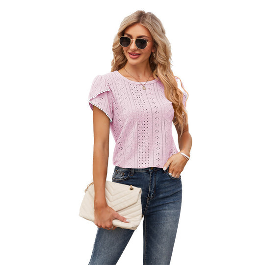Damen Elegante Bluse mit Rüschenärmeln und Lochmuster EB