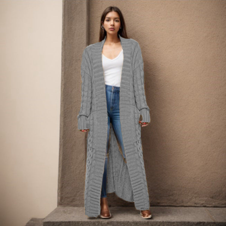 Damen Langer Strickcardigan mit raffiniertem Zopfdesign und praktischen Taschen EB