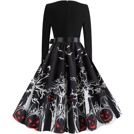 Damen Vintage-inspiriertes Swingkleid mit Halloween-Motiv, taillierter Satinschärpe und langen Ärmeln EB