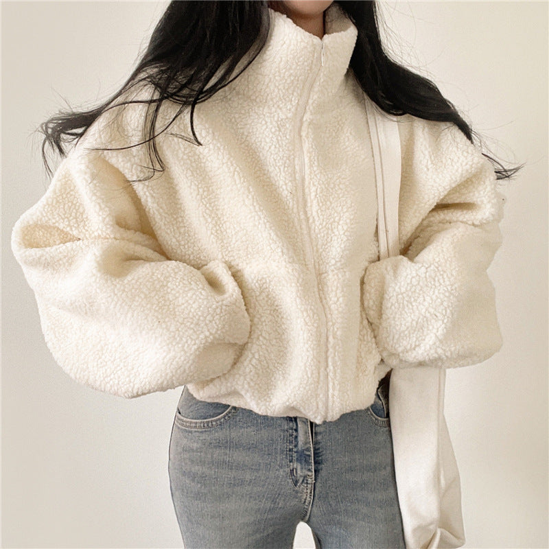 Damen kuschelige Fleece-Jacke mit hohem Kragen und Reißverschluss EB