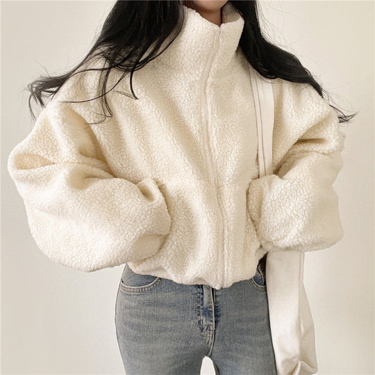 Damen kuschelige Fleece-Jacke mit hohem Kragen und Reißverschluss EB