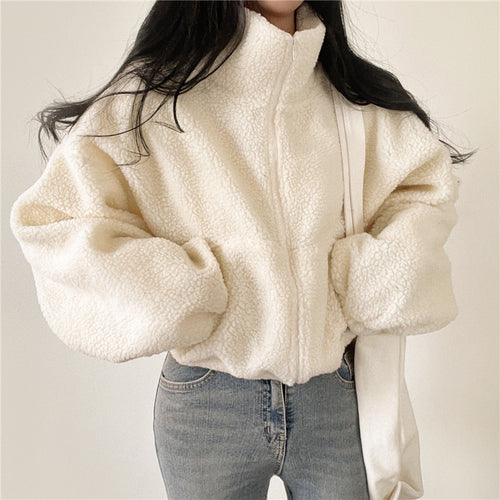 Damen kuschelige Fleece-Jacke mit hohem Kragen und Reißverschluss EB