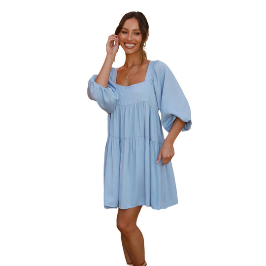 Damen Luftiges Oversize-Sommerkleid mit Ballonärmeln und quadratischem Ausschnitt EB