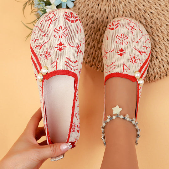 Damen Ballerinas mit modischem Ethno-Muster und dekorativen Perlen EB