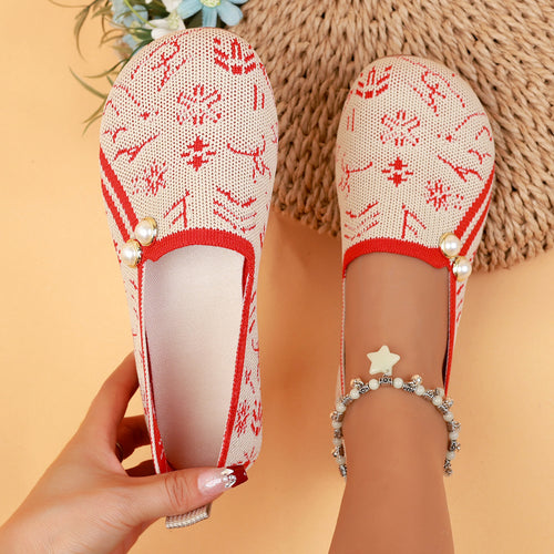 Damen Ballerinas mit modischem Ethno-Muster und dekorativen Perlen EB