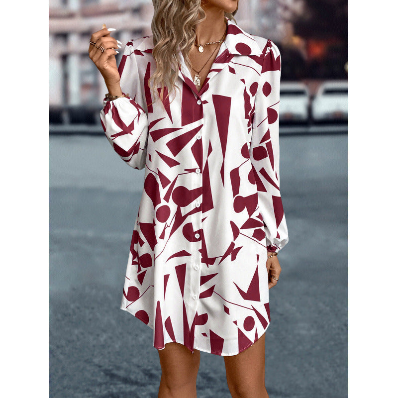 Damen geometrischer Druck Knopf-up Kleid EB