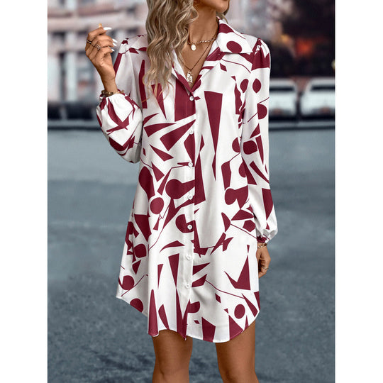 Damen geometrischer Druck Knopf-up Kleid EB