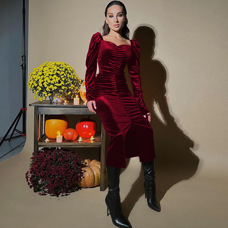 Damen Midikleid mit Puffärmeln und elegantem Taillierungsdesign EB
