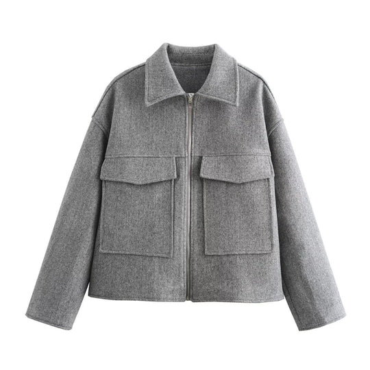 Damen lässige Wolljacke mit praktischen Pattentaschen und Reißverschluss EB