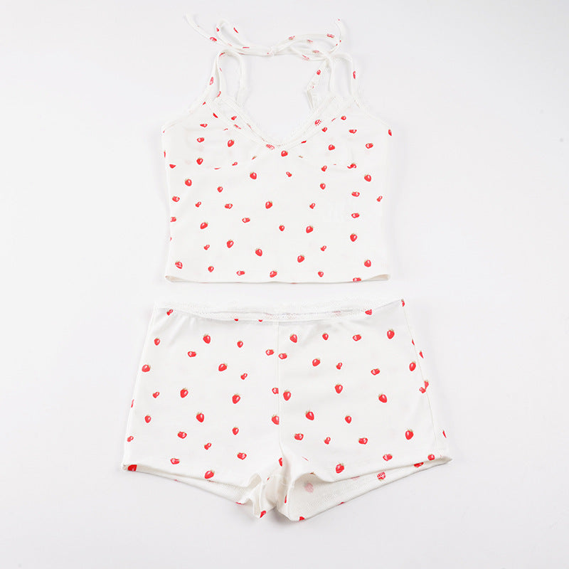 Damen Pyjama-Set mit verspieltem Früchte-Muster und Spaghetti-Trägern EB